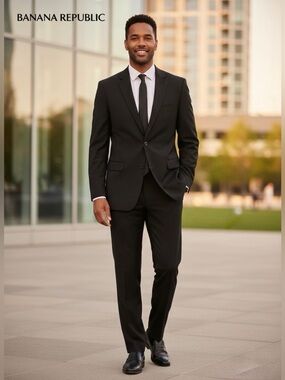 Banana Republic Mens Blazer 46L Black 100% Wool Tailored Fit Two Button Jacket